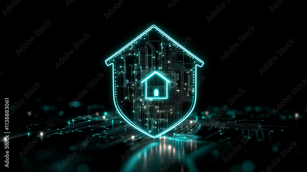 The central glowing house icon is surrounded by a shield with luminous circuit-board engravings, creating a futuristic display of home security. The central glowing house icon is surrounded by a shield with luminous circuit-board engravings, creating a futuristic display of home security.