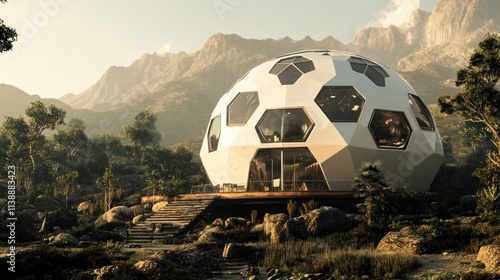 Futuristic geodesic dome house nestled in a mountain landscape.