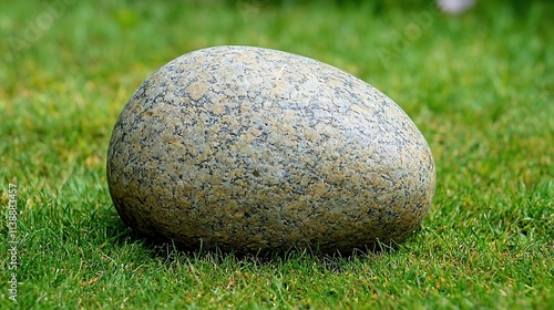 Smooth, grey, oval stone resting on green grass.
