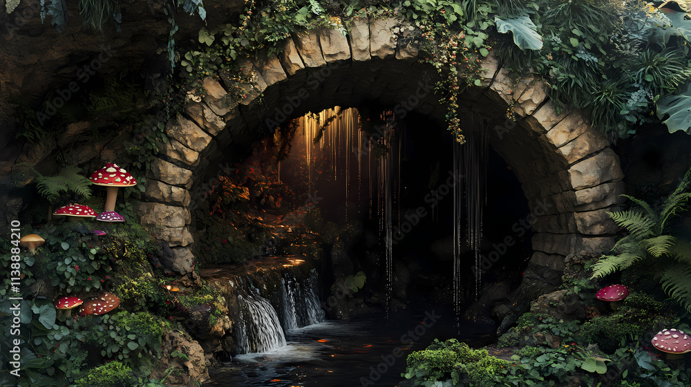 Enchanting hidden alcove nestled in a lush verdant forest featuring a majestic stone archway draped in a cascade of vines and moss bioluminescent mushrooms. Cascade. Illustration
