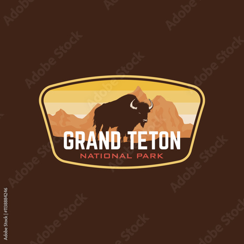 Grand Teton national park with Bison and mountain landscape Stickers badge patch emblem logo vector illustration photo