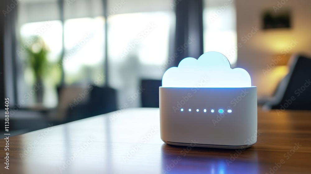 An upclose perspective of a cloud storage device with indicators for synchronization showcasing the merging of local and remote data. An upclose perspective of a cloud storage device with indicators for synchronization showcasing the merging of local and remote data.