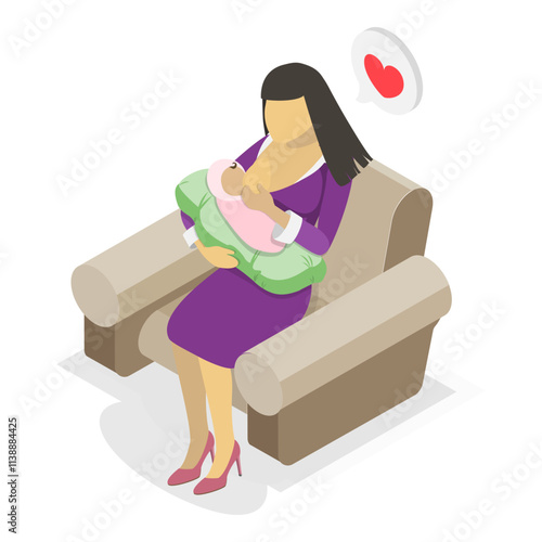 3D Isometric Flat Vector Illustration of Breastfeeding Positions, Mother Feeding Baby with Breast. Item 4