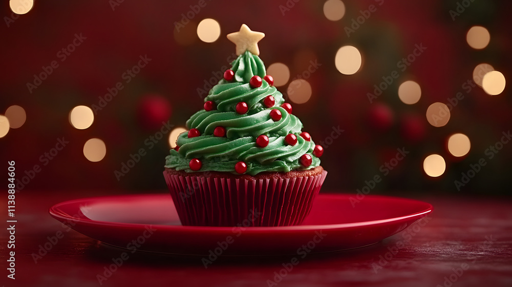 Christmas Tree Cupcake on Red Plate Christmas Tree Cupcake on Red Plate