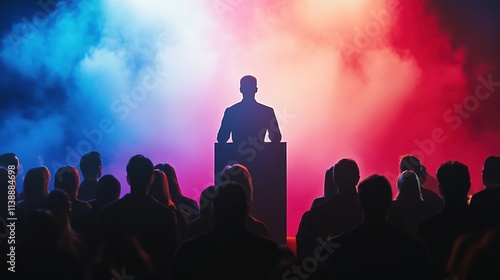 A man stands at a podium and delivers an impressive business presentation speech to the audience in front of him, colorful glittering background