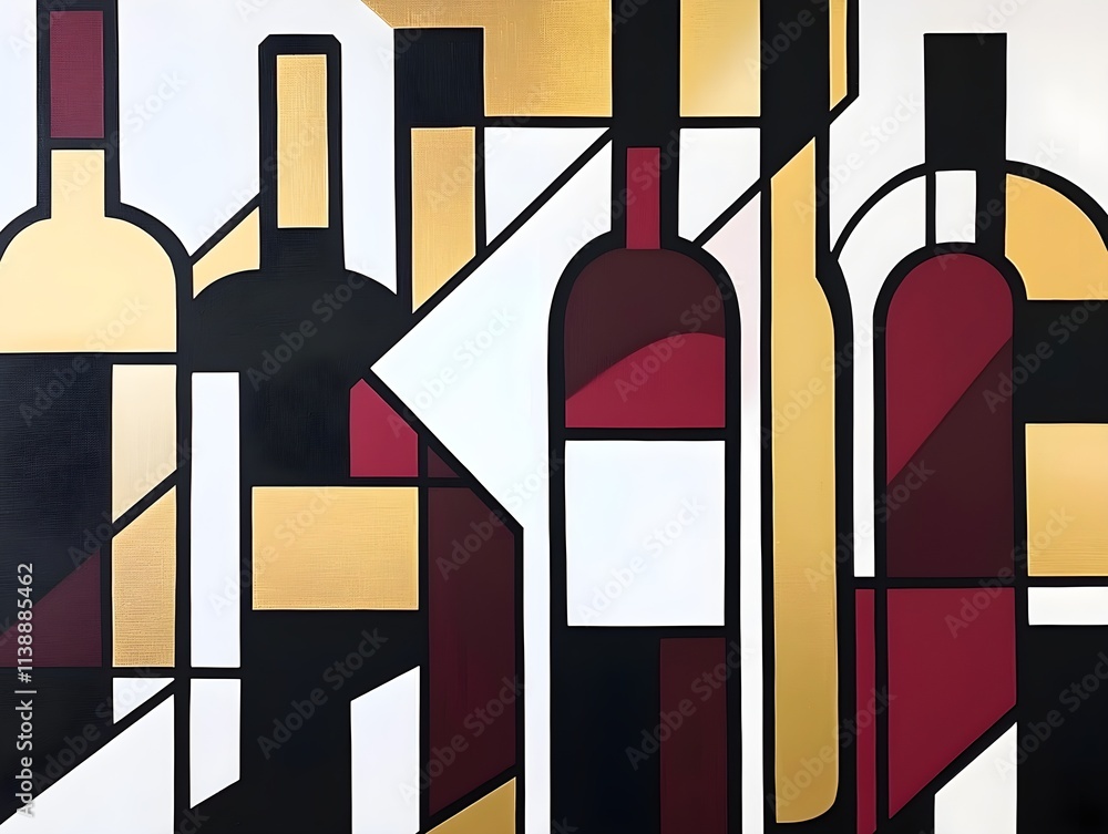 Modern art featuring wine bottles and geometric shapes in a black, white, burgundy, and gold palette Modern art featuring wine bottles and geometric shapes in a black, white, burgundy, and gold palette