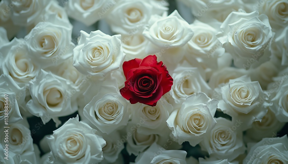 Elegant bouquet of white roses highlighted by a single red rose on a soft background Elegant bouquet of white roses highlighted by a single red rose on a soft background