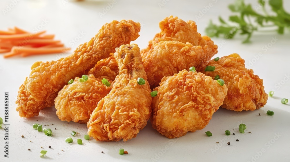 Crispy Fried Chicken with Garnish on White Plate