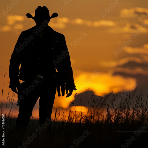 Silhoette of a cowboy in the WIld West, at sunset