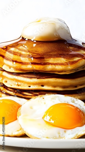 A stack of fluffy pancakes topped with syrup and accompanied by two fried eggs. photo