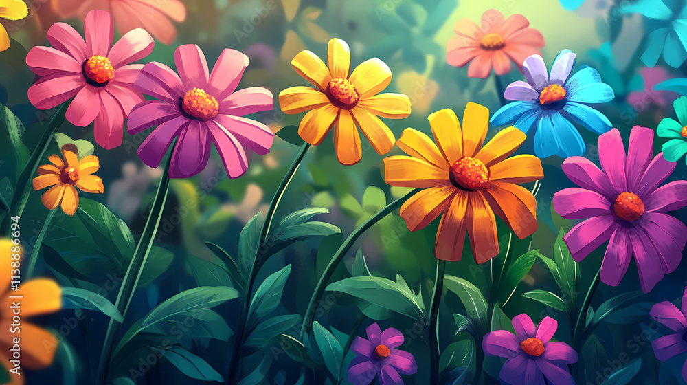 Vibrant flowers in garden with colorful blooms and tilted angle. Blooming. Illustration Vibrant flowers in garden with colorful blooms and tilted angle. Blooming. Illustration