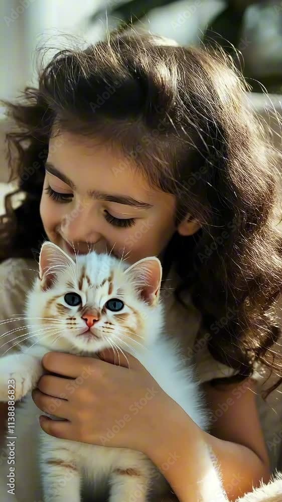 A happy young girl embraces a fluffy white kitten in a sunlit room, displaying warmth and affection. The playful bond between them is evident as they enjoy this special moment together A happy young girl embraces a fluffy white kitten in a sunlit room, displaying warmth and affection. The playful bond between them is evident as they enjoy this special moment together
