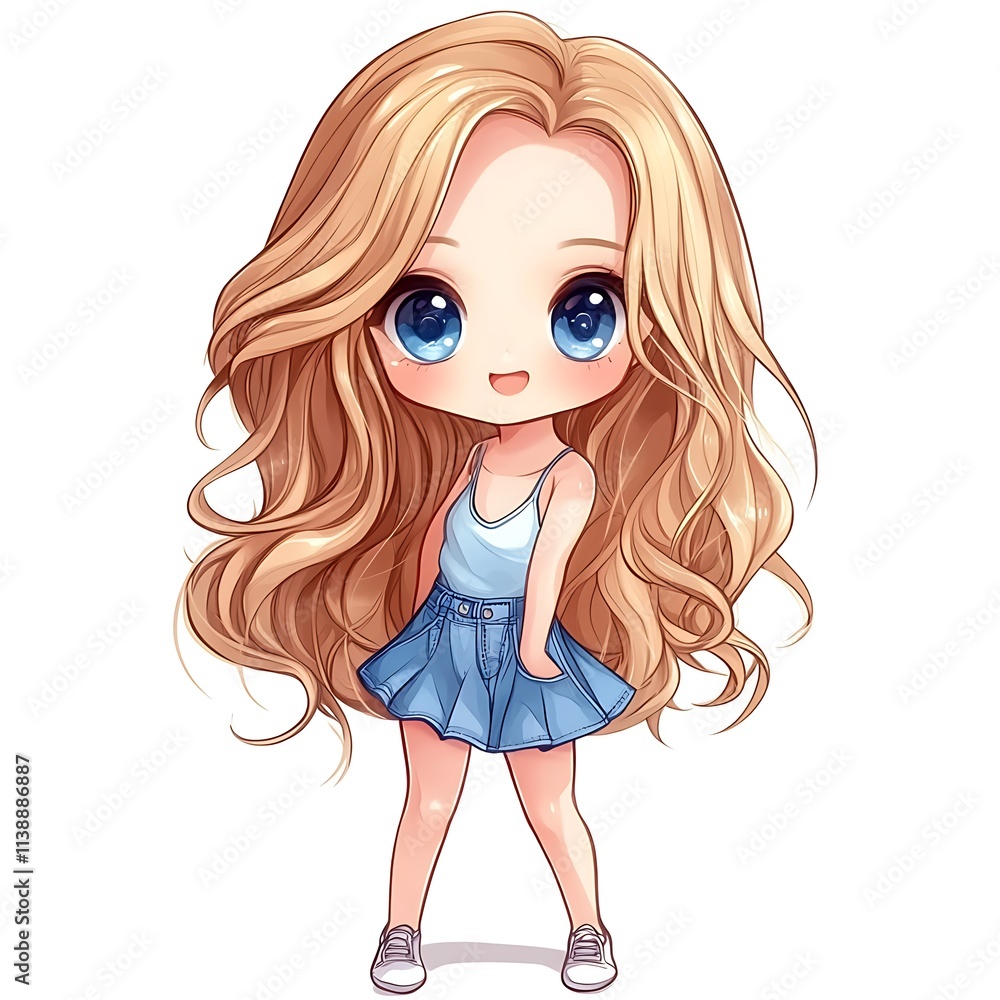 Cute anime girl in denim skirt. Kawaii illustration of a cheerful young woman. Cute anime girl in denim skirt. Kawaii illustration of a cheerful young woman.