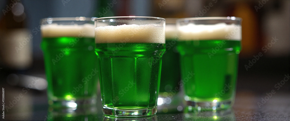 Green Beer Glasses Festively Arranged for St. Patrick's Day Celebration Green Beer Glasses Festively Arranged for St. Patrick's Day Celebration