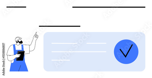 Engineer holding a tablet points upwards near a large blue checklist with a checkmark. Text lines as placeholders. Ideal for project management, completion, teamwork, tasks, engineering, inspection,