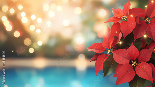 Vibrant red poinsettia flowers bloom majestically against a soft, blurred backdrop of twinkling lights, providing ample space for festive textual overlays. Blooming. Illustration