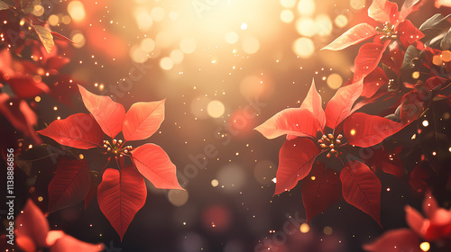 Vibrant red poinsettia flowers bloom majestically against a soft, blurred backdrop of twinkling lights, providing ample space for festive textual overlays. Blooming. Illustration