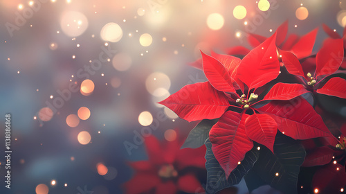Vibrant red poinsettia flowers bloom majestically against a soft, blurred backdrop of twinkling lights, providing ample space for festive textual overlays. Blooming. Illustration