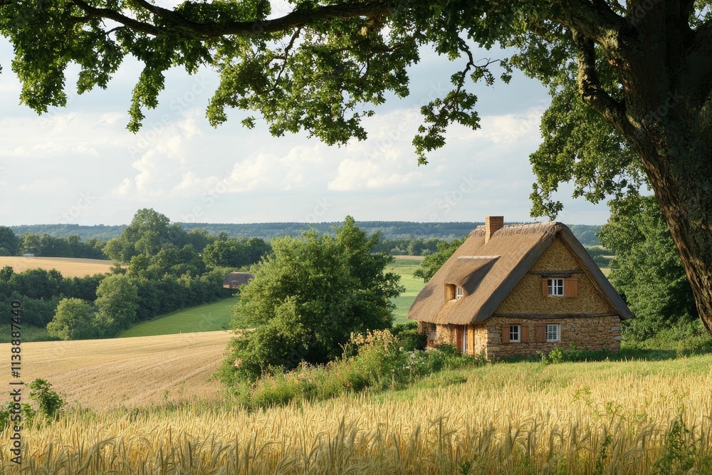 Obraz premium Stone cottage, thatched roof, idyllic rural landscape.