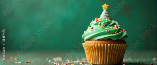 Festive Christmas Tree Cupcake with Green Frosting against Emerald Background with Copy Space photo