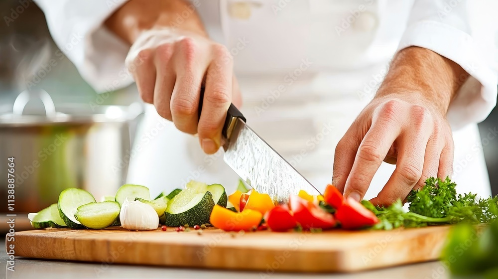 Chef Slicing Fresh Vegetables Using Santoku Knife. Cooking Process in Restaurant or Hotel Kitchen. Chef Slicing Fresh Vegetables Using Santoku Knife. Cooking Process in Restaurant or Hotel Kitchen.