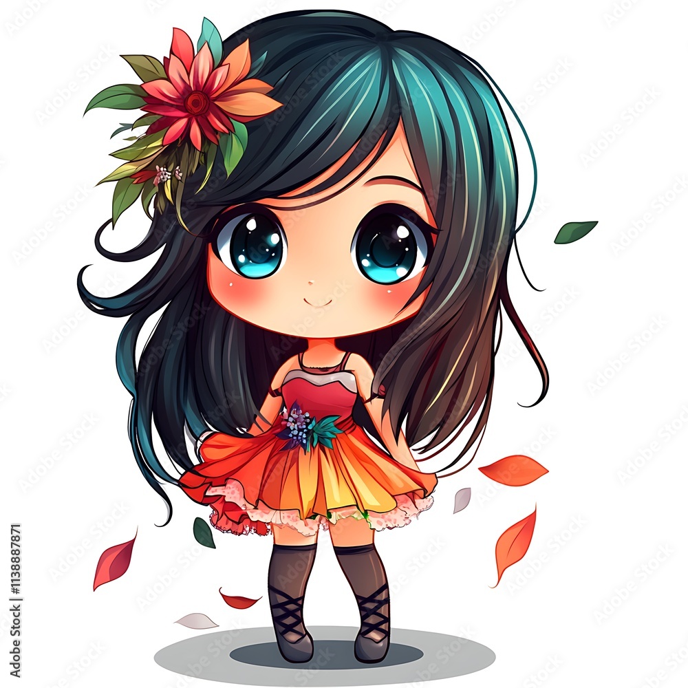 Cute chibi girl with floral headband and autumnal dress. Concept of kawaii, autumn, and beauty. Cute chibi girl with floral headband and autumnal dress. Concept of kawaii, autumn, and beauty.