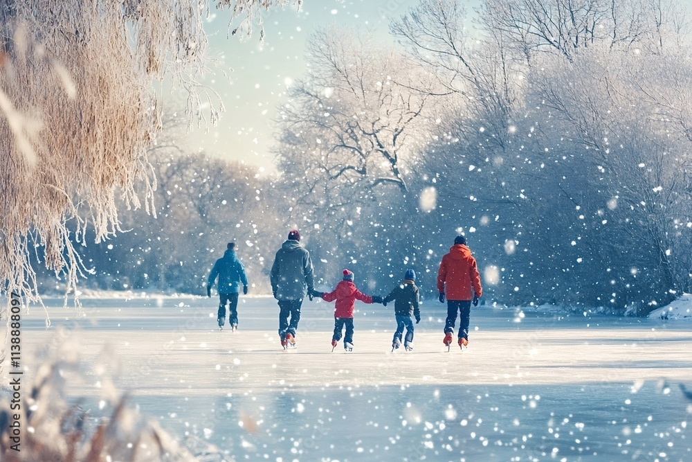Family enjoying a joyful day ice skating on a frozen lake, surrounded by a picturesque winter landscape filled with snow-covered trees and a tranquil atmosphere Family enjoying a joyful day ice skating on a frozen lake, surrounded by a picturesque winter landscape filled with snow-covered trees and a tranquil atmosphere