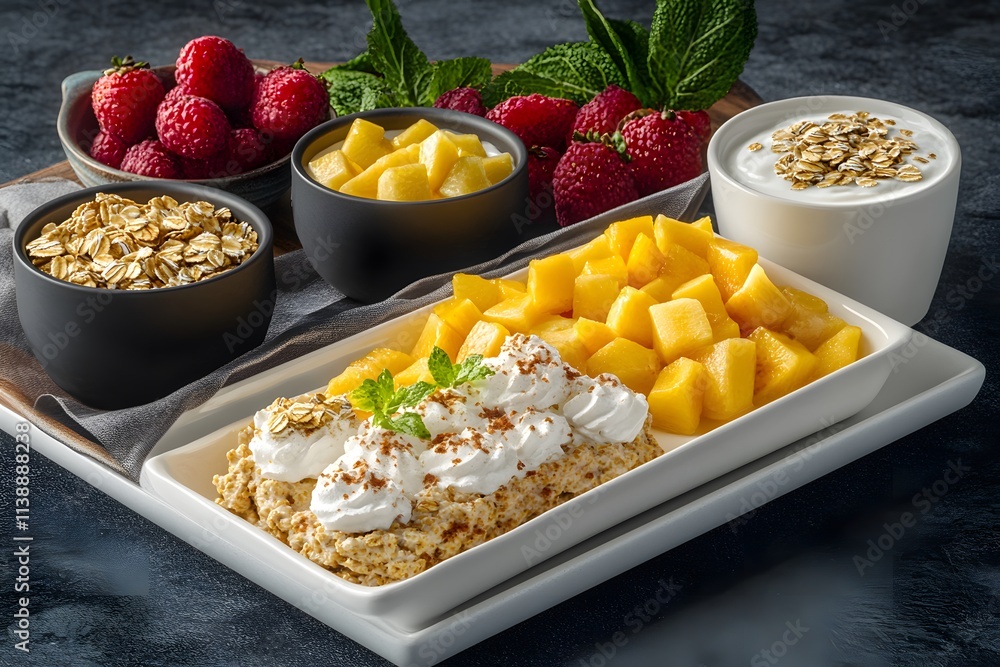 A vibrant breakfast spread featuring fruits, oats, and whipped cream. A vibrant breakfast spread featuring fruits, oats, and whipped cream.