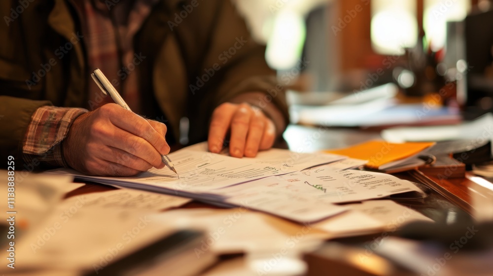 A worker filling out an efficiency report at a desk cluttered with progress charts indicating ongoing assessments of productivity and workflow management. A worker filling out an efficiency report at a desk cluttered with progress charts indicating ongoing assessments of productivity and workflow management.