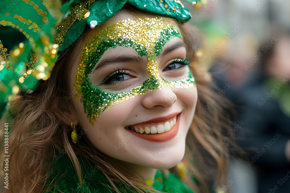 A young girl beams with joy, showing off her sparkling green face paint at a lively festival A young girl beams with joy, showing off her sparkling green face paint at a lively festival
