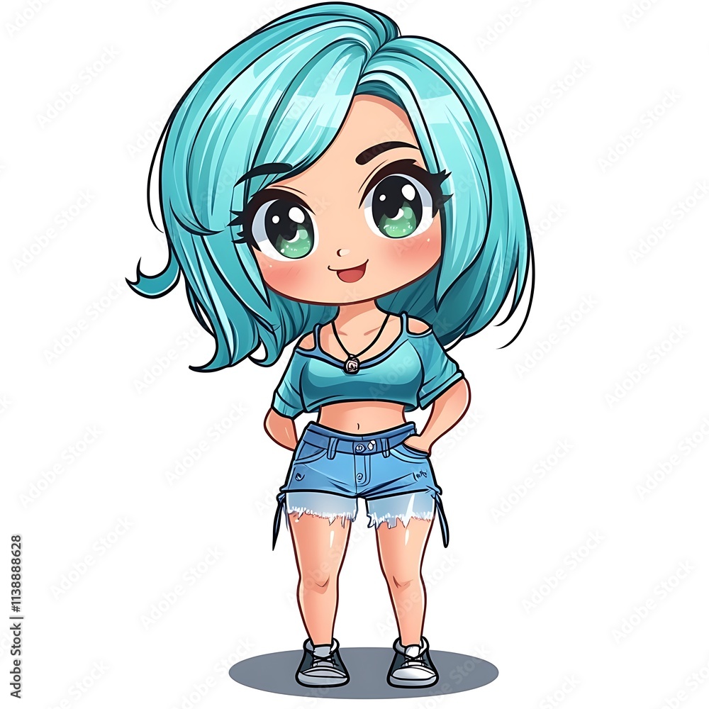 Cute chibi girl in denim shorts. Kawaii fashion illustration. Cute chibi girl in denim shorts. Kawaii fashion illustration.
