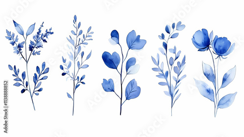 Fototapeta Naklejka Na Ścianę i Meble -  Set of blue watercolor flowers, leaves and twigs on white background. botanical watercolor painting for decorative invitations, posters, or cards. Blooming. Illustration