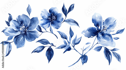 Fototapeta Naklejka Na Ścianę i Meble -  Set of blue watercolor flowers, leaves and twigs on white background. botanical watercolor painting for decorative invitations, posters, or cards. Blooming. Illustration