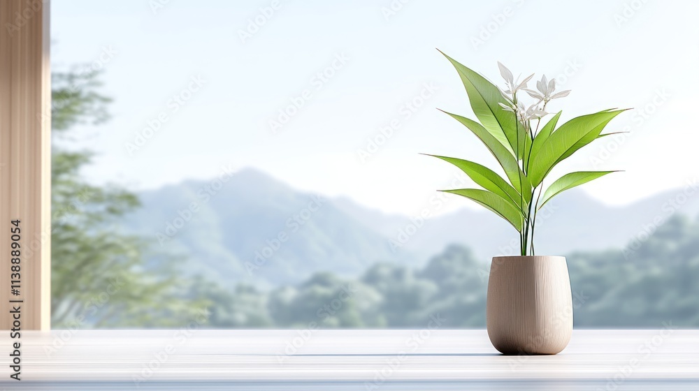 A serene indoor plant in a minimalist vase with a mountain view. A serene indoor plant in a minimalist vase with a mountain view.