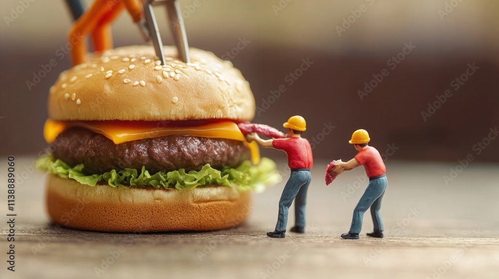 Miniature art scene of two workers with tools, separating large hamburgers concept of making burgers for fast food restaurant Miniature art scene of two workers with tools, separating large hamburgers concept of making burgers for fast food restaurant