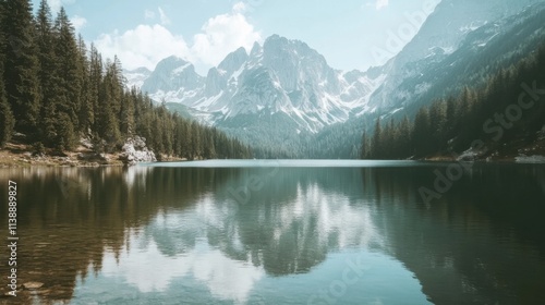 A tranquil Mountain Lake with crystal-clear waters, snow-capped peaks, and pine forests