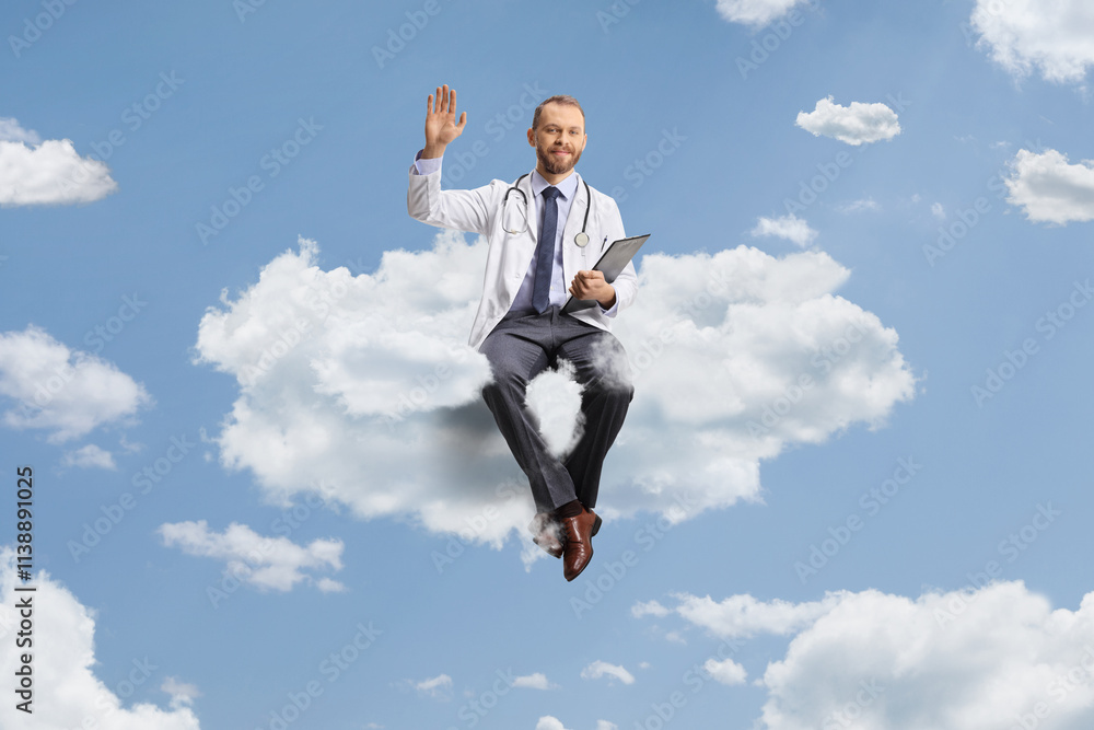 Male doctor waving from the sky Male doctor waving from the sky
