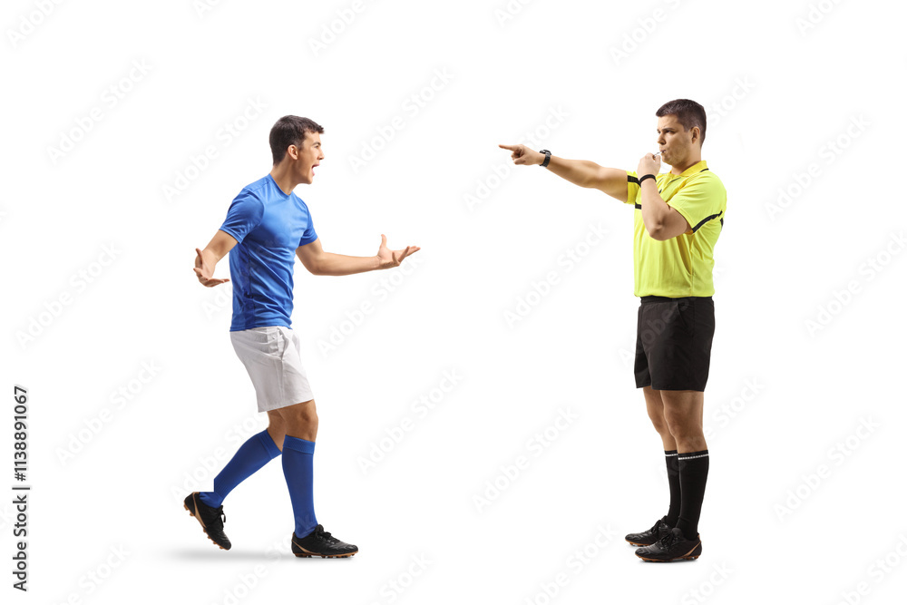 Football player walking towards a referee with a whistle Football player walking towards a referee with a whistle