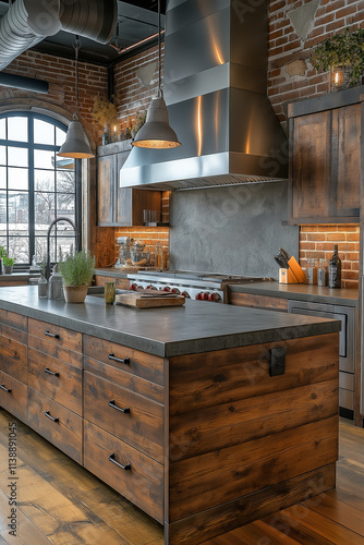 Wallpaper Mural Photographie immobilière professionnelle d'une cuisine industrielle avec murs en briques apparentes, acier inoxydable et îlot central, ambiance moderne et urbaine Torontodigital.ca