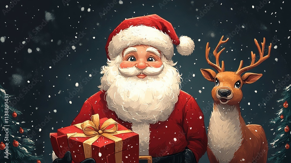 Santa Claus and Reindeer Present Gift Snowy Night Santa Claus and Reindeer Present Gift Snowy Night