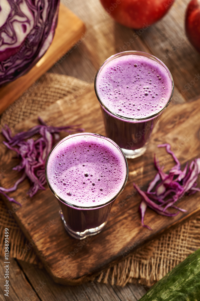 Two glasses of purple cabbage juice with fresh apples and cucumber Two glasses of purple cabbage juice with fresh apples and cucumber