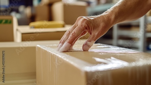 A closeup of a hand applying a waterbased adhesive to a carton demonstrating environmentally safe techniques in the packaging process. photo