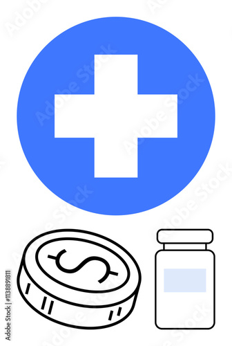 Medical cross in blue circle, dollar coin, and medicine bottle. Ideal for healthcare, finance, pharmaceuticals, medical expenses, health insurance budgeting medical savings. Line metaphor