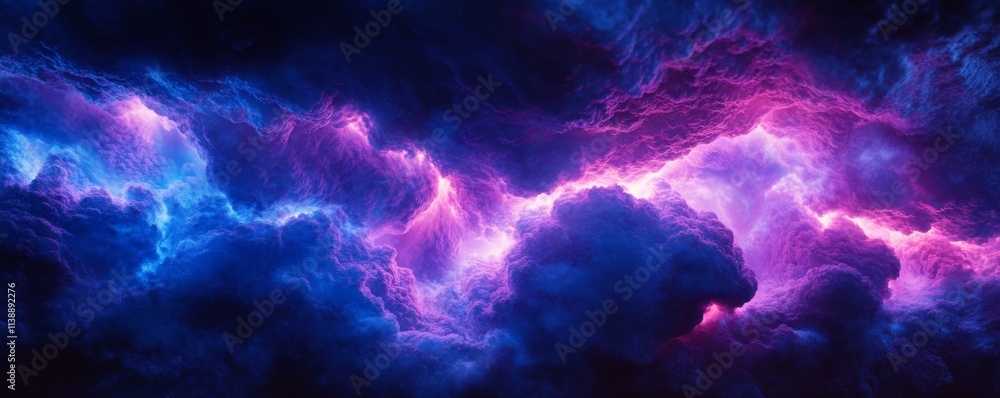 Blue and Purple Neon Light with Cloud Formation. Square shaped Fluorescent Frame in Dark Environment. Blue and Purple Neon Light with Cloud Formation. Square shaped Fluorescent Frame in Dark Environment.
