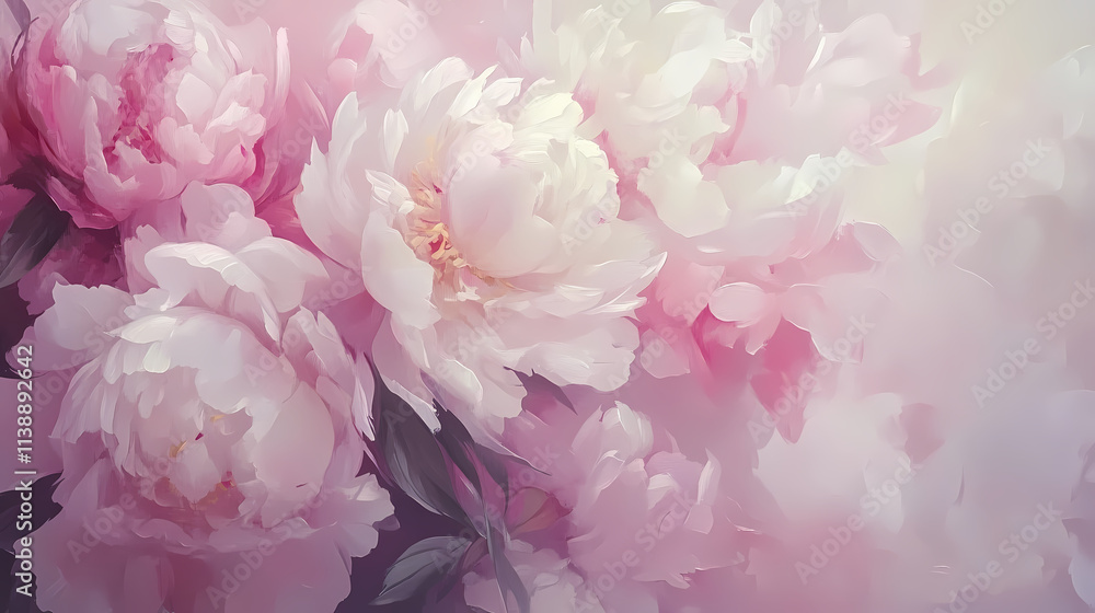 Close-up oil painting of pink and white peonies with floral background. Blooming. Illustration Close-up oil painting of pink and white peonies with floral background. Blooming. Illustration