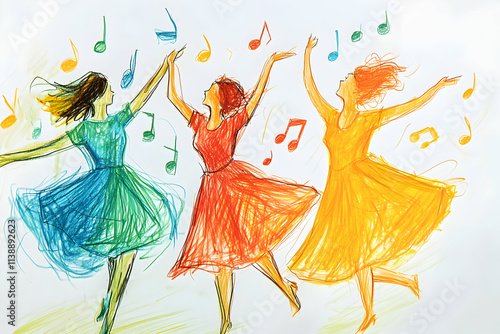Three women in colorful dresses celebrate with joy, dancing amidst swirling musical notes