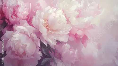 Fototapeta Naklejka Na Ścianę i Meble -  Close-up oil painting of pink and white peonies with floral background. Blooming. Illustration