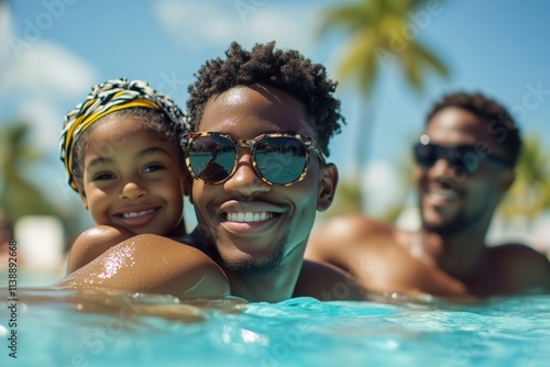 Black family enjoying a resort pool