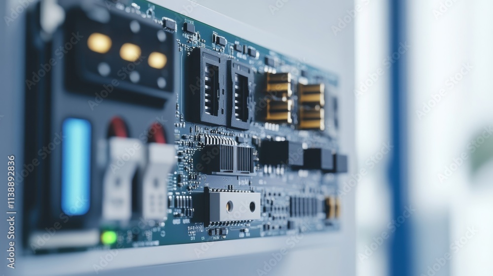 A closeup view of an IoT device such as a smart thermostat featuring the circuit board and connectivity ports that enable rapid communication in a smart home ecosystem. A closeup view of an IoT device such as a smart thermostat featuring the circuit board and connectivity ports that enable rapid communication in a smart home ecosystem.