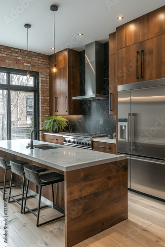 Wallpaper Mural Photographie immobilière professionnelle d'une cuisine industrielle avec murs en briques apparentes, acier inoxydable et îlot central, ambiance moderne et urbaine Torontodigital.ca